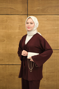 V Yaka Bağcıklı Regular Viskon Kimono Takım Bordo