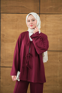 V Yaka Bağcıklı Regular Viskon Kimono Takım Mürdüm