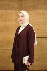 V Yaka Bağcıklı Regular Viskon Kimono Takım Bordo