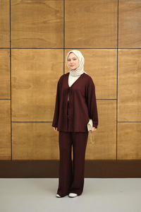V Yaka Bağcıklı Regular Viskon Kimono Takım Bordo