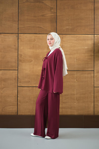 V Yaka Bağcıklı Regular Viskon Kimono Takım Mürdüm