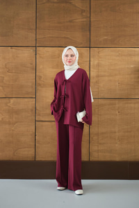 V Yaka Bağcıklı Regular Viskon Kimono Takım Mürdüm