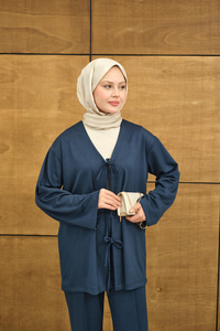 V Yaka Bağcıklı Regular Viskon Kimono Takım İndigo Mavi