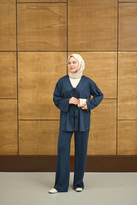 V Yaka Bağcıklı Regular Viskon Kimono Takım İndigo Mavi
