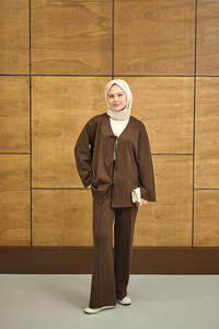 V Yaka Bağcıklı Regular Viskon Kimono Takım Kahverengi