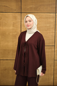 V Yaka Bağcıklı Regular Viskon Kimono Takım Bordo