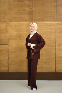 V Yaka Bağcıklı Regular Viskon Kimono Takım Bordo