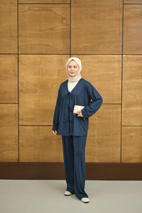 V Yaka Bağcıklı Regular Viskon Kimono Takım İndigo Mavi
