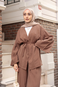 V Yaka İkili Takım Kahverengi