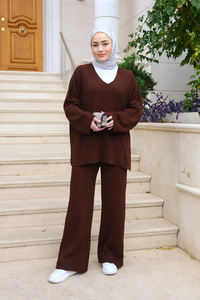 V Yaka İkili Takım Kahverengi