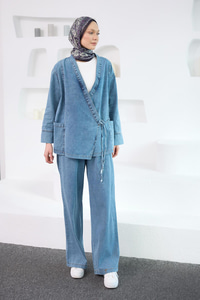 V Yaka Kimono Takım Buz Mavi