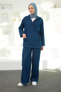 V Yaka Kimono Takım Koyu Mavi