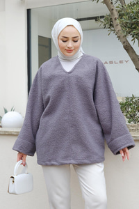 V Yaka Oversize Teddy Kazak Füme