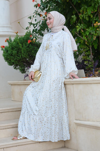 Varakalı Püsküllü Elbise Beyaz