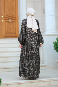 Varaklı  Düğmeli Elbise Siyah