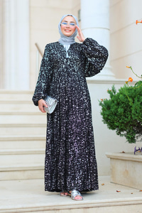 Varaklı  Püsküllü Elbise Siyah