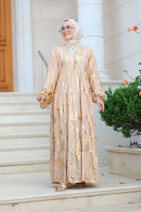 Varaklı Püsküllü Elbise Vizon