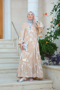 Varaklı Püsküllü Elbise vizon-gri