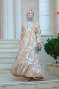 Varaklı Püsküllü Elbise vizon-gri