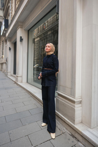 Vatkalı Jean Ceket Takım Koyu Mavi