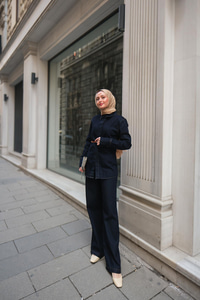 Vatkalı Jean Ceket Takım Koyu Mavi