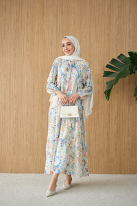 Vintage Çiçek Desen Elbise Mavi