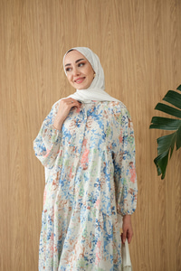 Vintage Çiçek Desen Elbise Mavi