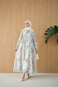 Vintage Çiçek Desen Elbise Mavi