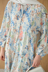 Vintage Çiçek Desen Elbise Mavi