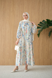 Vintage Çiçek Desen Elbise Mavi