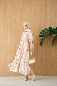 Vintage Çiçek Desen Elbise Mürdüm