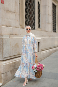 Vintage Çicek Desenli Elbise Bebe Mavi