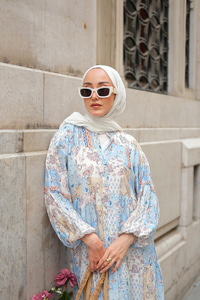 Vintage Çicek Desenli Elbise Bebe Mavi