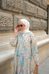 Vintage Çicek Desenli Elbise Mavi