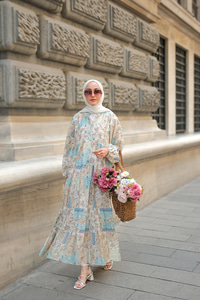 Vintage Çicek Desenli Elbise Mavi