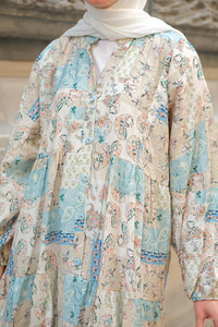 Vintage Çicek Desenli Elbise Mavi