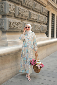 Vintage Çicek Desenli Elbise Mavi