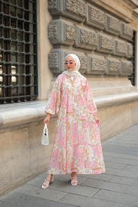 Vintage Çicek Desenli Elbise Pembe