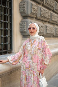 Vintage Çicek Desenli Elbise Pembe