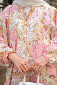 Vintage Çicek Desenli Elbise Pembe