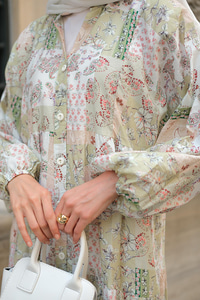 Vintage Çicek Desenli Elbise Yeşil