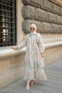 Vintage Çicek Desenli Elbise Yeşil