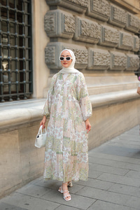 Vintage Çicek Desenli Elbise Yeşil