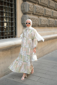 Vintage Çicek Desenli Elbise Yeşil