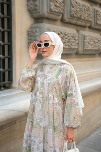 Vintage Çicek Desenli Elbise Yeşil