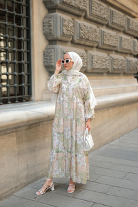 Vintage Çicek Desenli Elbise Yeşil