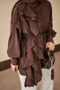 Volanlı Bağcıklı Gömlek Kahverengi