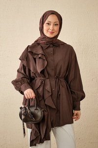 Volanlı Bağcıklı Gömlek Kahverengi