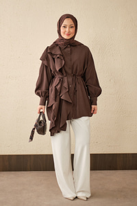 Volanlı Bağcıklı Gömlek Kahverengi