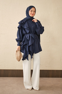 Volanlı Bağcıklı Gömlek Lacivert